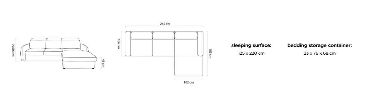 Rozmerový nákres rohovej sedacej súpravy ALIVE S: šírka 262 cm, hĺbka 185 cm, hĺbka hlavnej časti 106 cm, šírka otomanovej časti 102 cm, výška 99/86 cm, výška sedu 45 cm, spacia plocha 125 × 220 cm a úložný priestor 23 × 76 × 68 cm.
